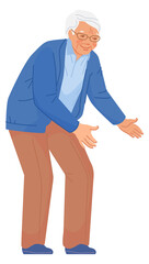 Senior bend over. Smiling old man. Happy elderly person