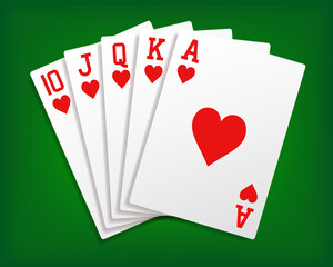 Royal Flush. A poker hand of a royal flush in hearts. Hearts Royal Flush. Card fan on a green background. Vector clipart.