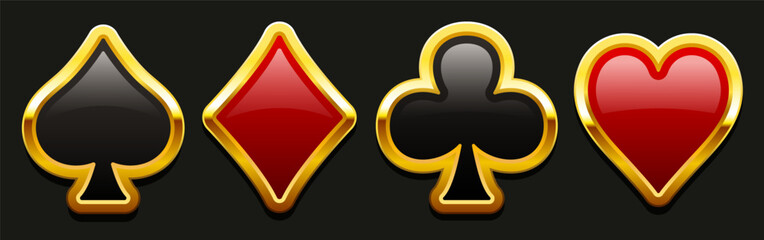 Card suits. Suit badge in gold frame. Vector suits isolated on black background.