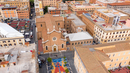Aerial view of the church of St. Mary Immaculate and St. John Berchmans in the Immaculate Square. It is a place of Catholic worship located in the San Lorenzo district, Rome, Italy.