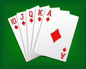Royal Flush. A poker hand of a royal flush in diamond. Diamond Royal Flush. Card fan on a green background. Vector clipart.