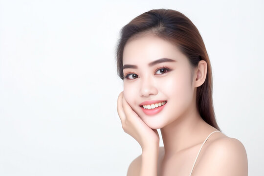 Portrait of Beautiful Asian Woman with her Smooth skin look at camera on White background in Studio light. generative AI.