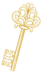 Old metal key yellow sketch. Ornate elegant metal