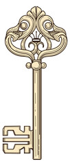 Golden key sketch in medieval forged metal engraving