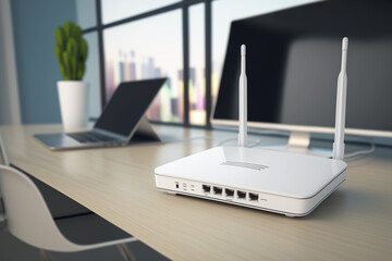 Router on the table. Router is a device that forwards data packets between computer networks, creating a set of overlay networks. It is connected to two or more data lines from different networks.