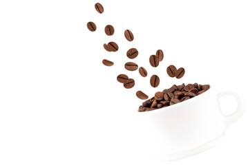Levitation of coffee beans from cup isolated on transparent background.