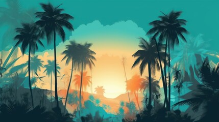 Naklejka na ściany i meble Sunset with palm trees, beach, nature, illustration, vector