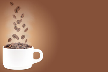 Levitation of coffee beans on brown background, copy space.