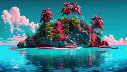 Mysterious uninhabited island with red palm trees in the ocean. AI generative illustration.