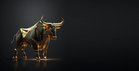Black and gold crypto bull statuette isolated on a black banner. Symbol of financial growth in a technological style. Place for text. Generative AI