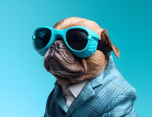 Bull dog with fashionable dressing, wearing eyeglasses.