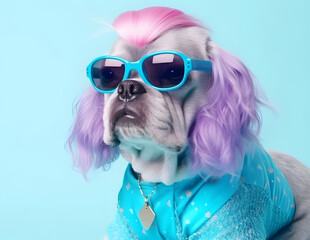 Pug dog with fashionable dressing, wearing eyeglasses.