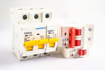 Automatic circuit breaker on white background, control and protect electrical power system.
