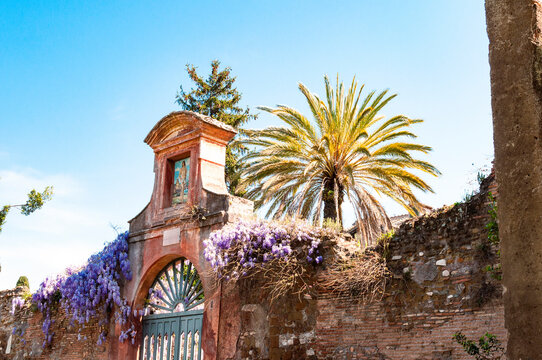 The entrance of the San Sebastiano al Palatino church dedicated to St Sebastian, Roman soldier martyr in Palatine Hill in Rome, Italy.