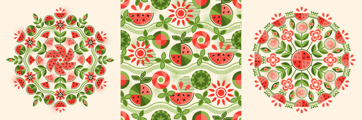 Set of circular ornaments, pattern with watemelon in simple geometric style. Chunks, pieces of fruit. Good for decoration of food packaging, decorative print, background