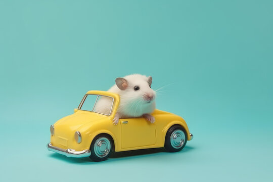 A small fluffy hamster in a tiny yellow toy car. Cute hamster driver. Isolated on blue background, banner template, copy space. Generative AI.