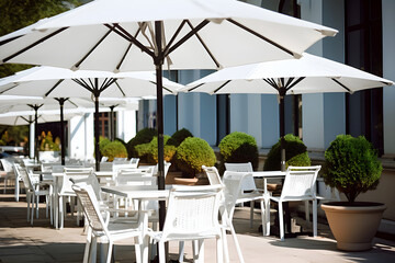 White Patio Umbrellas in Outdoor Cafe: AI Generated Image - obrazy, fototapety, plakaty
