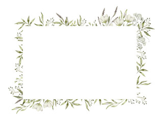 Floral frame with flowers, leaves and twigs. Floral poster, invite. Watercolor decorative card, invitation background design