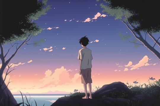 A man on the cliff is looking at the horizon. Sakuga Renaissance. Generative AI