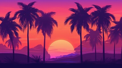 Fototapeta na wymiar Sunset with palm trees, beach, nature, illustration, vector