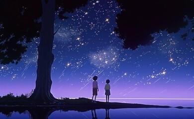 Fototapeta na wymiar Couple at night in the moonlight. Dazzling Sakuga Dimensions. Generative AI