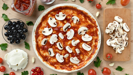 Recipe for making delicious Italian pizza with vegetables and mozzarella, flat lay, home cooking