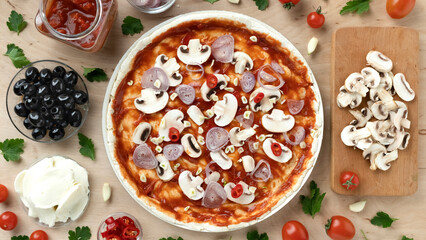 Recipe for making delicious Italian pizza with vegetables and mozzarella, flat lay, home cooking