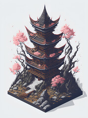 Asian pagoda temple cartoon. AI generated illustration