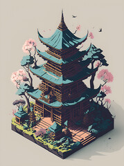 Asian pagoda temple cartoon. AI generated illustration
