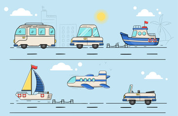 Fototapeta na wymiar Vector illustration isolated elements. Cute hand drawn transport, water transport and road transport. Linear color icons set.