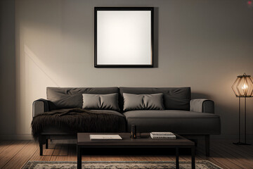 Mockup of square black frame with sofa in dark classic interior