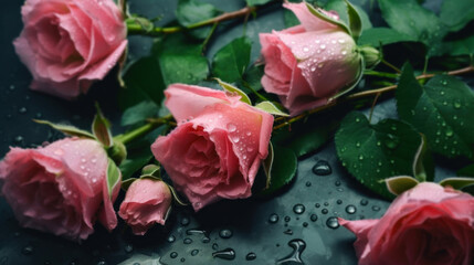 pink rose with water drops background.