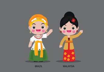 Brazil and Malaysia in national dress vector illustrationa