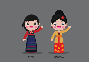 Obraz na płótnie Canvas Nepal and Malaysia in national dress vector illustrationa