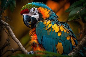 Obraz premium Colorful exotic jungle macaw parrot. Beautiful tropical rainforest wild and vivid vibrant colored bird close up macro. Ai generated