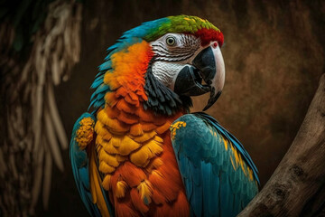 Obraz premium Colorful exotic jungle macaw parrot. Beautiful tropical rainforest wild and vivid vibrant colored bird close up macro. Ai generated