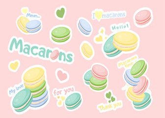 bright watercolor macarons stickers, collection of vector stickers of sweet macarons