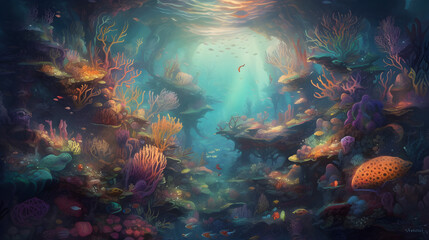 Fototapeta na wymiar a fantasy landscape that takes place underwater,mermaids, sea monsters,colorful coral reefs ,vibrant ,fantastical world