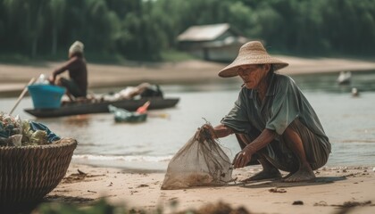 A person participating in a beach or river cleanup, with a focus on the amount of trash and the impact it has on the environment. Generative AI