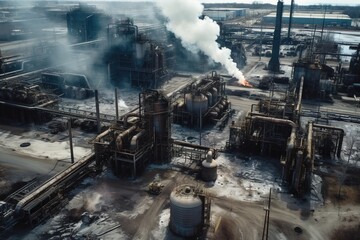 factory with smoky chimneys