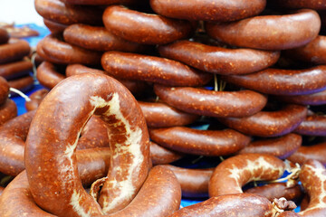sausages ( turkish sucuk) on hangers in the market, sucuk tezgahı    