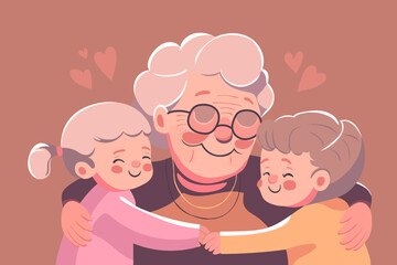 Granny and grandchildren are hugging, happy grandmother with smiling kids