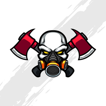 Skull Gas Mask with Crossed Red Axe Vector Mascot