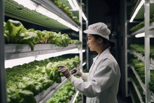  Vertical farm(indoor farm) researcher takes care of vegetables growing on vertical farm. Vertical farming is sustainable agriculture for future food. generative AI