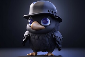 3D cartoon portrait of cute baby Raven detective wear hat. Generative AI