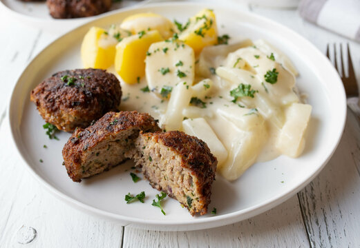 Traditional german cuisine with pork meatballs or frikadellen. Served with cooked kohlrabi and bechamel sauce and boiled potatoes on a plate