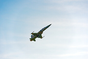Double seater Northrop Tiger II register J-3201 F-5 taking off from Emmen airbase, Canton Luzern, on a sunny spring day. Photo taken March 22nd, 2023, Emmen, Switzerland.