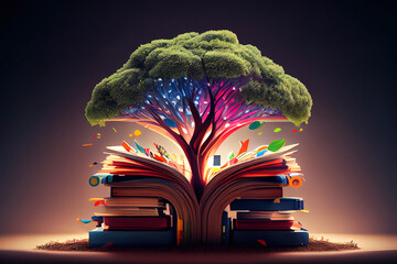 World philosophy day concept with tree of knowledge planting on opening old big book in library. Generative AI. - obrazy, fototapety, plakaty