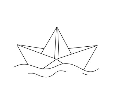 Vector isolated one single origami paper boat floating in water colorless black and white contour line easy drawing