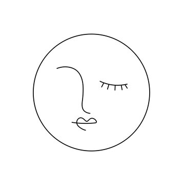 Vector isolated one single round fairy tale sleeping face sun or moon colorless black and white contour line easy drawing